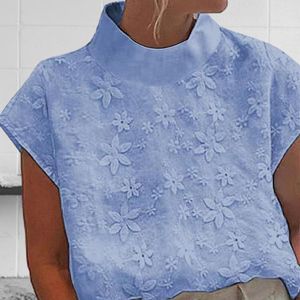 Women's Blouses Vintage Embroidery Half Turtleneck Blouse Shirts Women 2023 Ladies Casual Short Sleeve Pullover Tops Summer Fashion Blusas