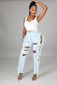 Kvinnors jeans rmsfe 2023 damer knapp blixtlås mode casual sexig hål elastisk grön bandage liten ben