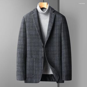 Mäns kostymer herrarna England Style män grå marinblå kaffe pläd får ull blazers klassisk kontrollerad mönster kashmir ulljacka