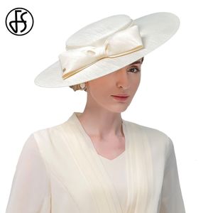 Cimri ağzı şapkalar fs zarif geniş ağzı fildişi şapkalar kadınlar için büyük bowknot resmi fırsat Kentucky Cap Lady Düğün Partisi Düz Üst Fedoras 230626