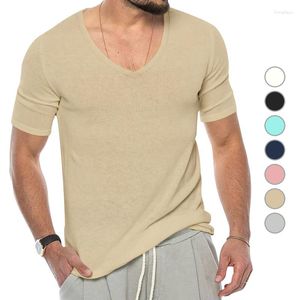 Мужские футболки Европейские и американские мужские летние футболки с v-образным вырезом и короткими рукавами из облачной пряжи Сплошной цвет Slim Fit Футболка большого размера Топ