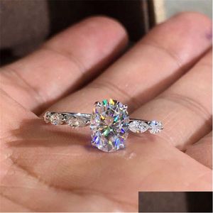 Anel Solitário Natural Oval Moissanite Gemstone Real 14K White Gold Jewelry Engagement For Women Channel Setting Anillos De Bizuteri Dhxc4
