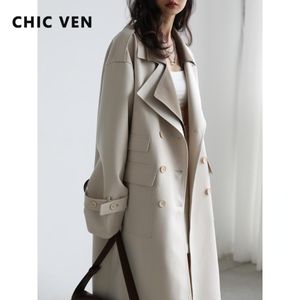 Fur Chic Ven Women Trench Solid Loose Contrast Double Collar Double Breasted Long Women's Windbreaker Coat Office Lady Spring 2023