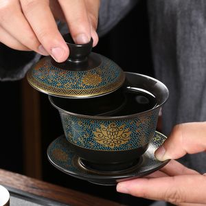 Wine Glasses Chinese Teaset Classical Gaiwan Tea Cups Black Clay Tureen 180ml Lid Bowl Saucer Traditional Handmade Brew Cup 230627