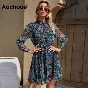 Aachoae Chic Hollow Out Mini Dress Boho Floral Print Chiffon Party Dress Pleated Sleeveフリルドレス女性Sundress Vestidos 220526