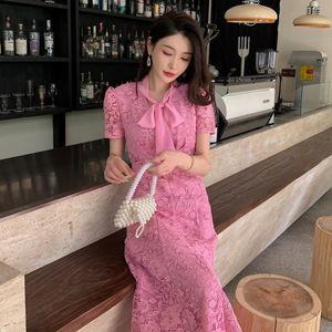 New S-elf Portrait Pink Water Soluble Lace Large Bowtie Decorative Short Sleeve Dress Large Swing Long Skirt