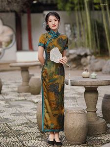 Vestuário étnico Moda Verão Retro Estampado Cetim Estilo Longo Qipao Chinês Gola Mandarim Botões Feitos à Mão Manga Curta Vestido Cheongsam