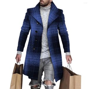 Herrgravrockar Klassiska mellanlängda kappfickor Anti-frys Löst fit män Fashion Casual Plaid Stitch Thicked Woolen Jacket