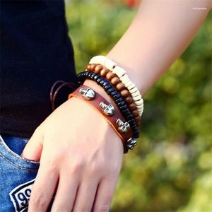 Strand Men Bransoletka skórzana cuir homme pulsera hombre man męski czaszka drewniane koraliki vintage punk Bransoletka Bracciali Braciliale