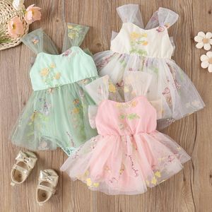 Rompers FocusNorm 5 Colors 0 24m Bady Girl Princess Romper Dress Seveless Floral Embroidery Lace Mesh Backless Bowknot Jumpsuit 230626