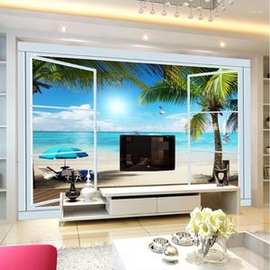 Papéis de parede personalizados 3D Po papel de parede com vista para o mar, janela estéreo, TV, fundo, pintura mural, sala de estar, decoração da casa