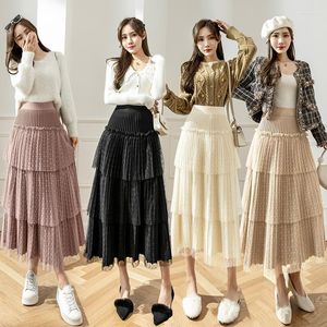 Skirts Fashion Lace Pleated Mid Length Dress Women Spring Autumn Versatile Yarn Skirt Elegant Ladies Knitted Patchwork Cake