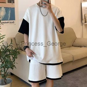 Tute da uomo Set da 2 pezzi Tuta da uomo Patchwork Loose Fit Tuta da jogging manica corta Streetwear Abbigliamento moda coreana 2022 Tuta estiva x0627