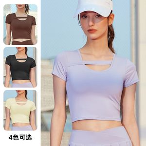 Womens Cross-Lead Yoga Clothes Short-Sleeved Summer One-Piece Chest Pad Workout Top Tight Breathable Exercise Vest