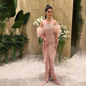 Urban Sexy Dresses Pink Crystal Strapless Mermaid Satin Evening 2023 Luxury Feather Ruffles Sleeves TeaLength Party Prom Ball Gown 230627