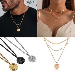 Chains Gold Color Cross Compass Stars Pendant Necklaces For Women Men Hip Hop Rock Round Disc Coin Pendants Necklace