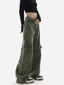 Women's Jeans Women's Green Cargo Vintage Baggy Wide Leg High Waist Jean Pants Y2k 90s Streetwear Female Harajuku Loose Denim Trousers