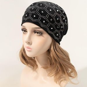 Beanies Lady's Bonnet Hat With Velvet Rhinestone Elastic Women Beanie Head Wrap Solid Color