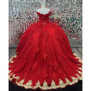 레드 Quinceanera 드레스 2023 볼 가운 비즈 스팽글 황금 레이스 꽃 라인 석 Vestido De 15 Anos 생일 파티 댄스 파티 드레스