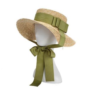 Skąpy brzegowe czapki 01905 Ręcznie robione słomki Bowknot Long Ribbon Lady Fedoras Beach Holiday Hat