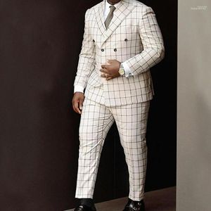 Ternos Masculinos Branco Xadrez Masculino Lapela Pontuda Seios Duplos Baile de Formatura Blazer Jaqueta Smoking Noivo Vestido de Casamento Casaco Calça