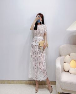 AuthS-elf Portrait Lace Round Neck Short Sleeve High Waist Slim Fit White Long Dress