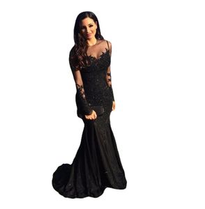 Black Sexy Mermaid Prom Dresses Sheer Neck Long Sleeves Backless Floor Length Party Gowns Custom Made abendkleider