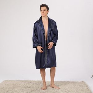 Mäns sömnkläder Mäns Satin Robe Kimono Long Blue Randrobe Pyjamas Nightlows Home Clothing