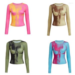 Women's Shapers Damen 3D Body Print Crop Top Y2K Neck T-Shirt Langarm Hipster Casual Sommer Taillierte Blusen