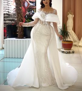 Enfes Deniz Kızı Gelinlik Uzun Kollu V Yaka Boncuklu Payetler Aplikler 3D Dantel Elmas Kristaller Gelinlikler Elbiseler Plus Size Vestido de novia Custom