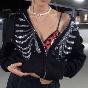 Damen Hoodies Sweatshirts Y2k Strass -Skelett Reißverschluss übergroß