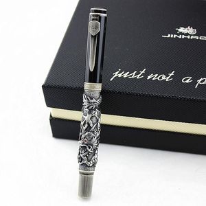 Kalemler jinhao vintage Goldblack Fountain Pen Double Dragon Kaligrafi Fude Nib Metal Oyma Kabartma Ağır Hediye Kalemi Koleksiyonu