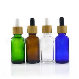 Partihandel 30 ml Amber Clear Blue Green Cosmetic Glass Bottles Essential Oil Droper Containers med riktiga bambulock IBXFG