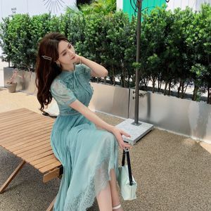 Auth S-Elf Portrait Turquoise Lace Edge Pleated Dress Long Dress High midje Slim Fit Short Sleeve Chiffon Fairy Leverans Bälte