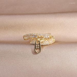 Cluster Rings Korean 14K Real Gold-plated Exquisite Zipper CZ Zircon Ring Applies To Women Daily Adjustable Open Design Paving Jewelry Gift