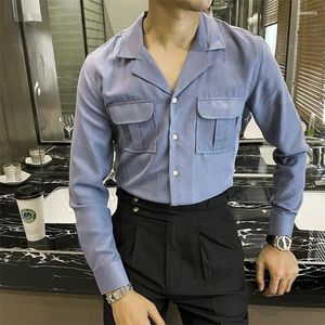 Camisas Casuais Masculinas Camisa Masculina Safari Masculina Branca Sólida Azul Masculina Gola Cuba Bolso Duplo Slim Fit Baile de Formatura Negócios Italianos