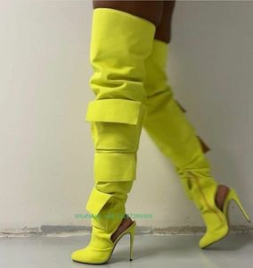 Çizmeler Bayan sarı PU deri cep tasarımı uyluk botları katı T göster mavi seksi arkası açık yüksek topuklu yazlık sivri burun 43 230628