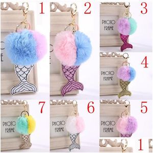 Keychains Lanyards Fashion Mermaid Pompom Keychain Faux Rabbit päls Sea Maid Key Buckle Women Car Handväska Ring Lucky Xmas Gifts Dro Dhfbe