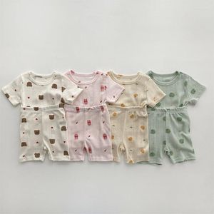 Kläder sätter baby söta kläder för sommartecknad björn tryckta pojkar och flickor kostymer 2 st spädbarn bomullskläder