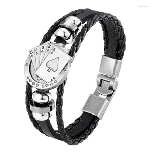 Strand Poker Black K Alloy Bead Multilayer Handmade Wove Leather Bracelet Vintage Men Casual Fashion Hand Chian Jóias Acessório Presente