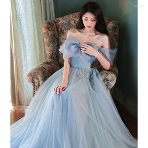 Ethnic Clothing 2023 Women Off-shoulder Bow Exquisite Sequins Formal Party Gowns Simple Blue Long A Line Tulle Prom Dresses