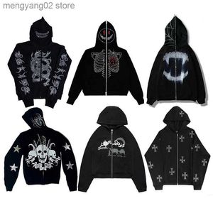 Men's Hoodies Sweatshirts Y2K Rhinestone Skeleton Hoodies Women Gothic Black Zip Up Oversized Sweatshirts Autumn Female Harajuku Hooded Jacket Streetwear T23628