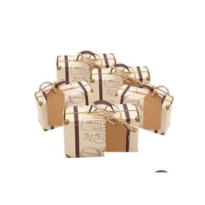 Gift Wrap Mini Suitcase Favor Box Candy Bag Vintage Kraft Paper With Tags Burlap Twine For Wedding Travel Themed Party Brud Shower DH9CA