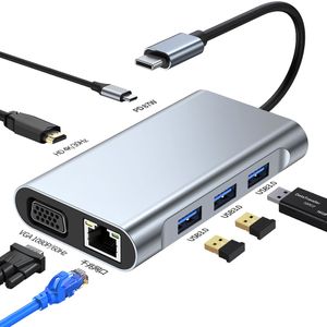 USB C HUB Type C إلى 4K HDTV VGA RJ45 3.5mm Jack USB3.0 11 in 1 Adapter USB Splitter PD Charger Dock Station