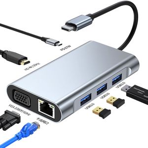 USB C HUB Typ C zu 4K HDTV VGA RJ45 3,5 mm Klinke USB3.0 11 in 1 Adapter USB Splitter PD Ladegerät Dock Station