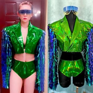 Sahne Giyim Caz dans kostümü Gece Kulübü Kadın Şarkıcı Dansçı Performans Yeşil Glitter Lazer Deri Payet Ceket şort takımı