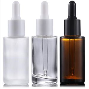 Wholesale 320pcs Lot 30ml Frosted /Clear /Amber Flat Shoulder Essence Bottles Thick 1OZ Glass Dropper Container with White Black Lids Wmmcj