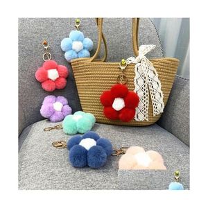 Keychains Lanyards 15 färger Creative Plush Flower Cute Solid Color Pompom Bag Pendant Keychain for Women Car Key Ring Accessories DHBCF