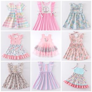 Flickans klänningar Girlymax Easter Spring Baby Girls Bunny Plaid Tutu Dress Stripe Boutique Clothes Kne Längd 230627
