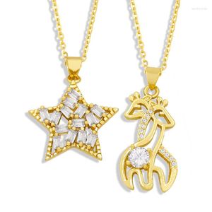 Pendant Necklaces FLOLA Gold Plated Chain Star Necklace For Women Copper CZ White Stone Animal Giraffe Girls Jewelry Nkew60
